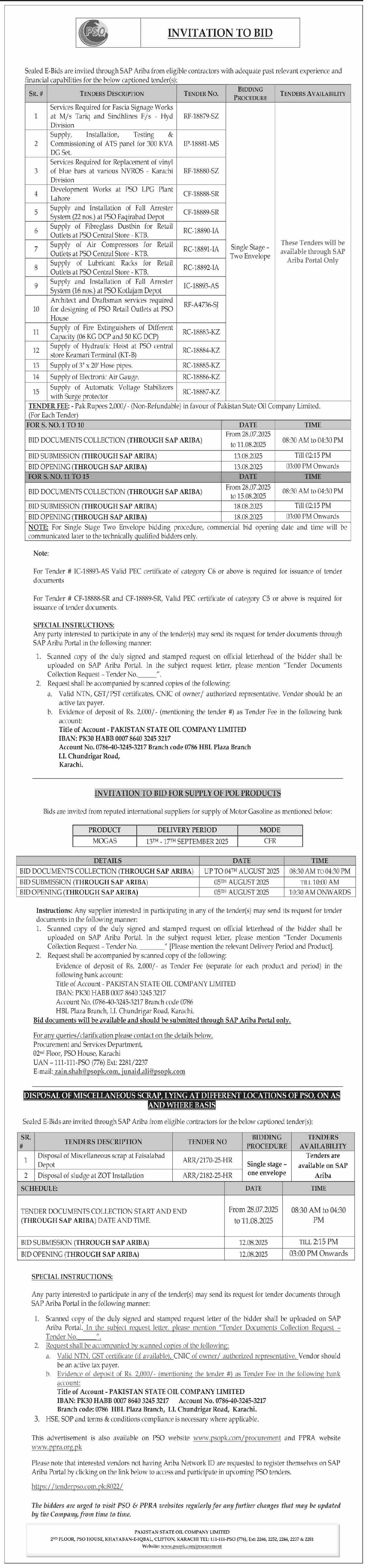 Pakistan State Oil Company Limited Karachi Tender Notice